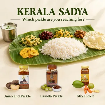 Jimikand, lasoda and mixed pickle with Kerala sadya