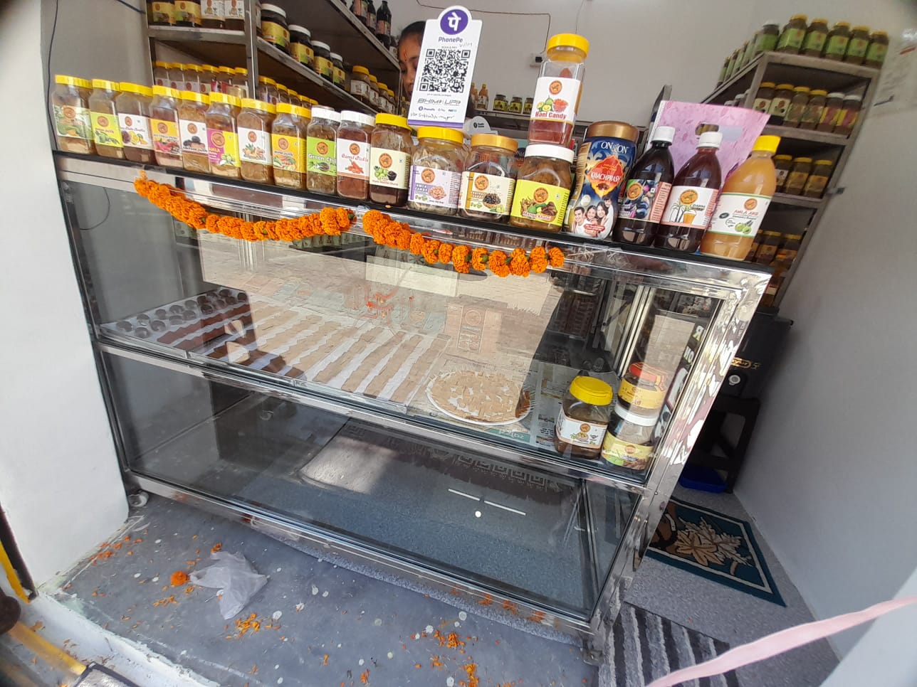 Vrindavan Aushadhiya Misthan counter and product display