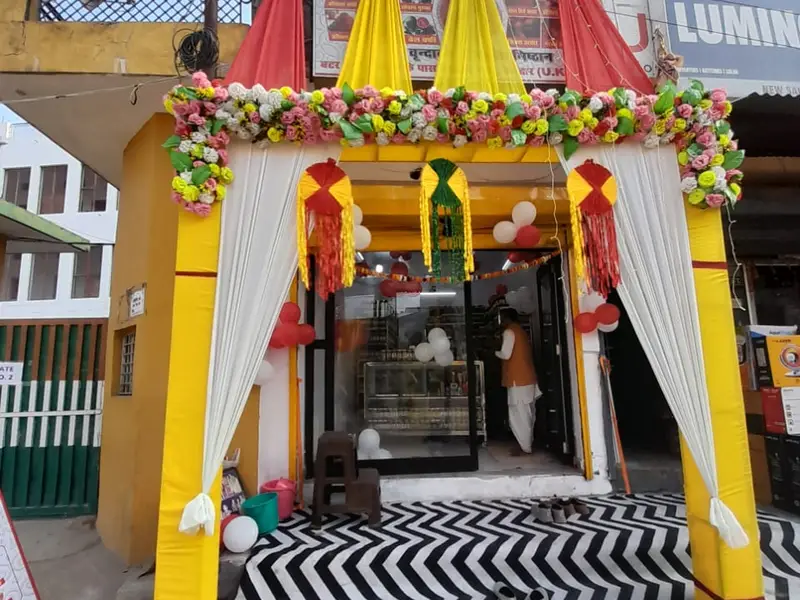 Decorated Vrindavan Aushadhiya Misthan store entrance